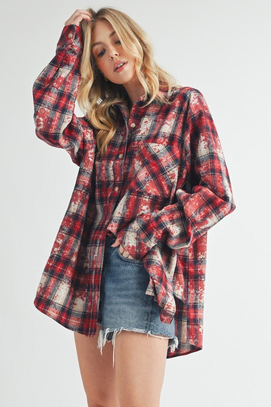 Aemi + Co Washed Plaid Button Up Raglan Sleeve Flannel Shirt