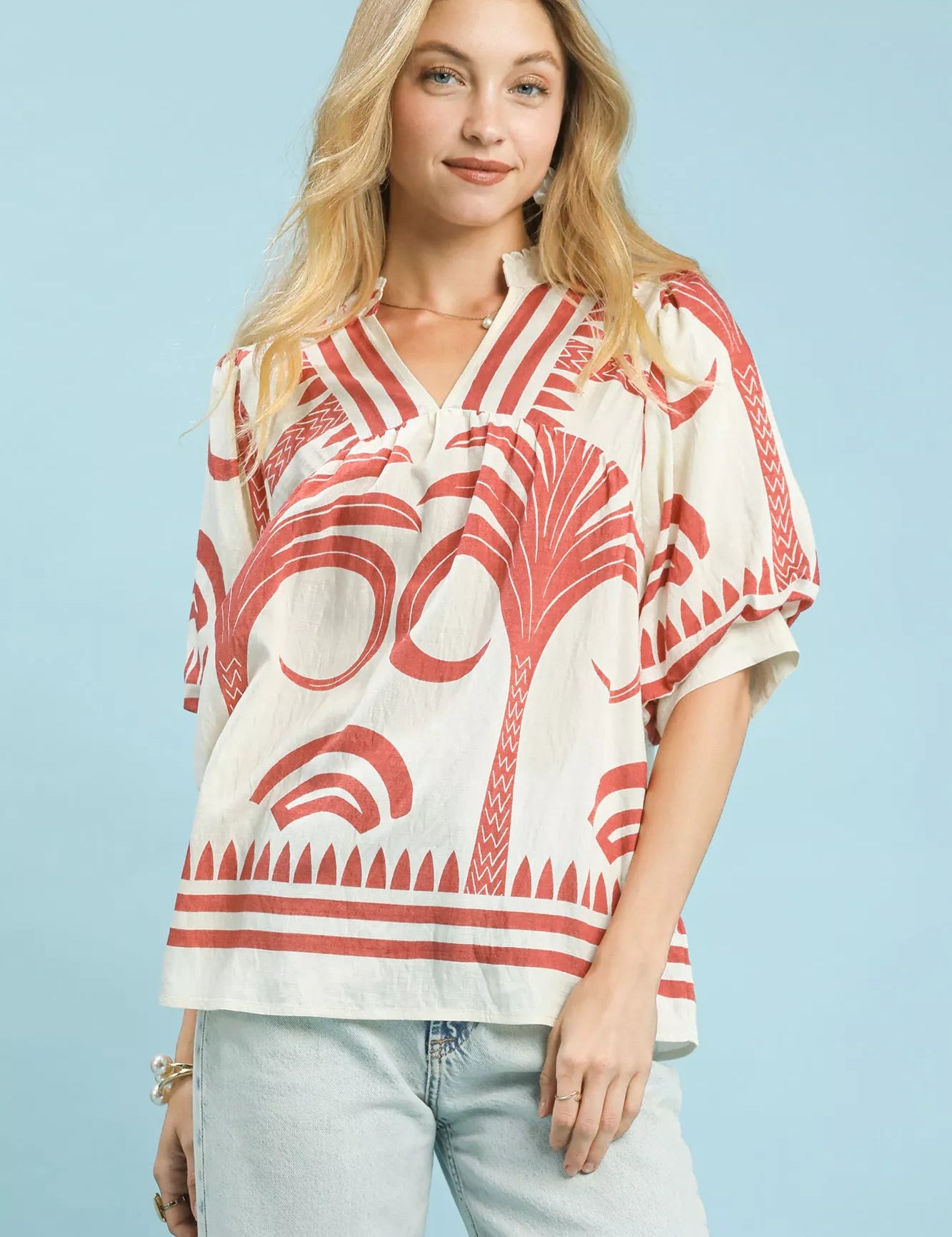 ROSE CLAY Umgee Folk Art Palm Print Puff Sleeve Blouse | Blouses Daverri Fashions