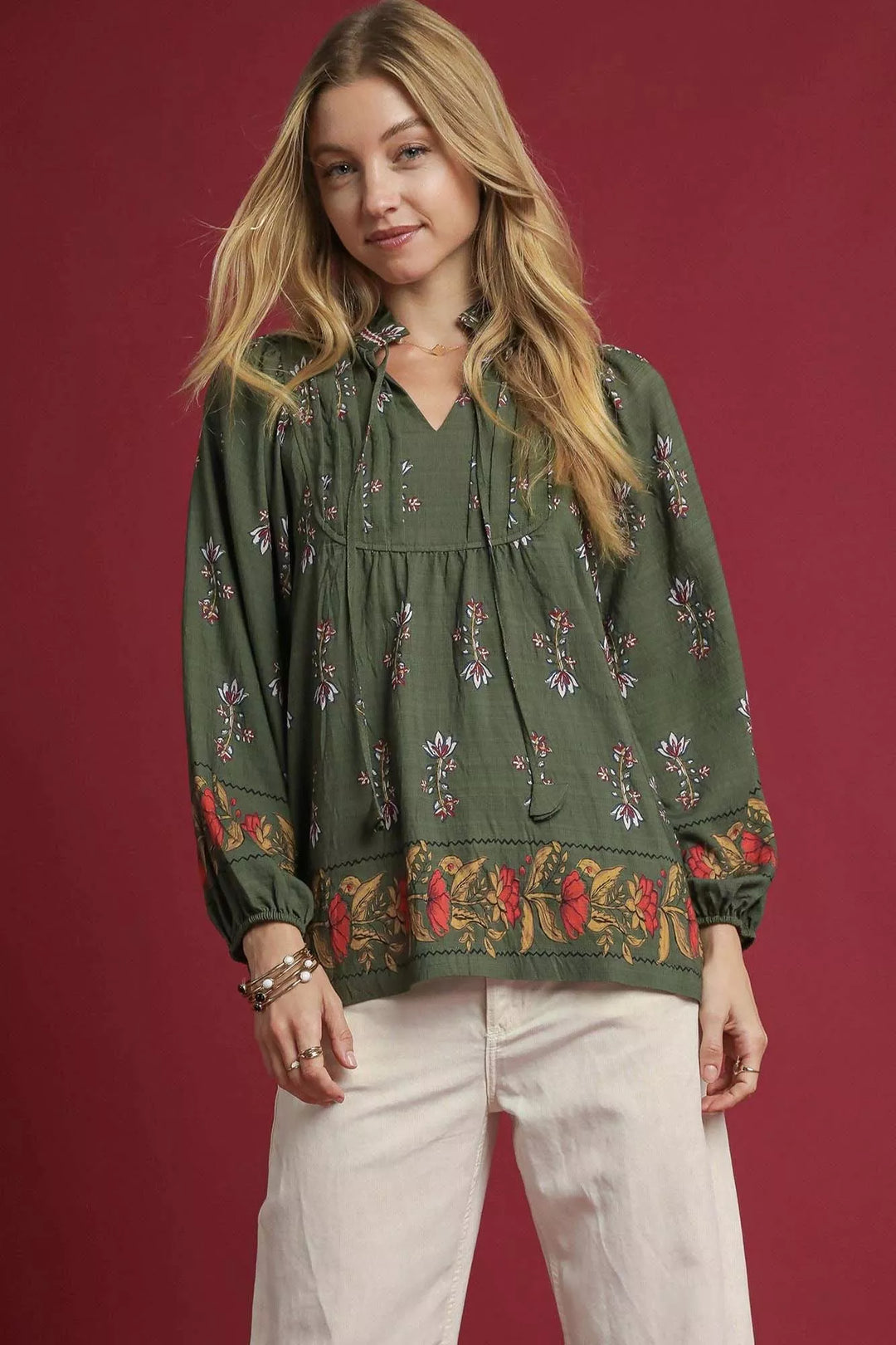 FOREST GREEN Umgee Floral Boho Peasant Blouse | Blouses Daverri Fashions