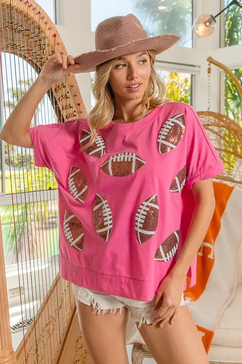 BiBi Game Day Sequins Patched Half Sleeves Top - DAVERRI FASHIONS