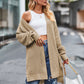 Beige long sleeve waffle-knit open-front cardigan with ribbed cuffs