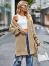 Beige long sleeve waffle-knit open-front cardigan with ribbed cuffs