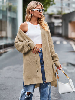 Beige long sleeve waffle-knit open-front cardigan with ribbed cuffs