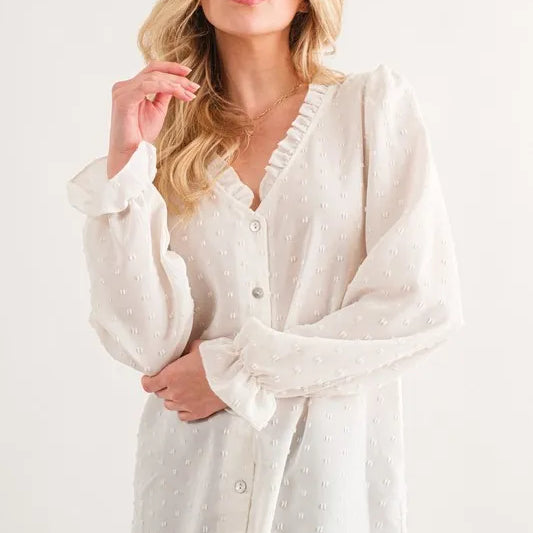 White linen And The Why polka dot ruffle blouse with button front