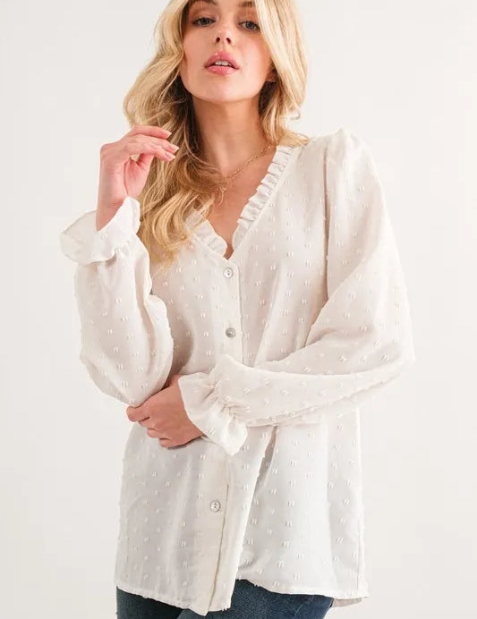 White linen And The Why polka dot ruffle blouse with button front