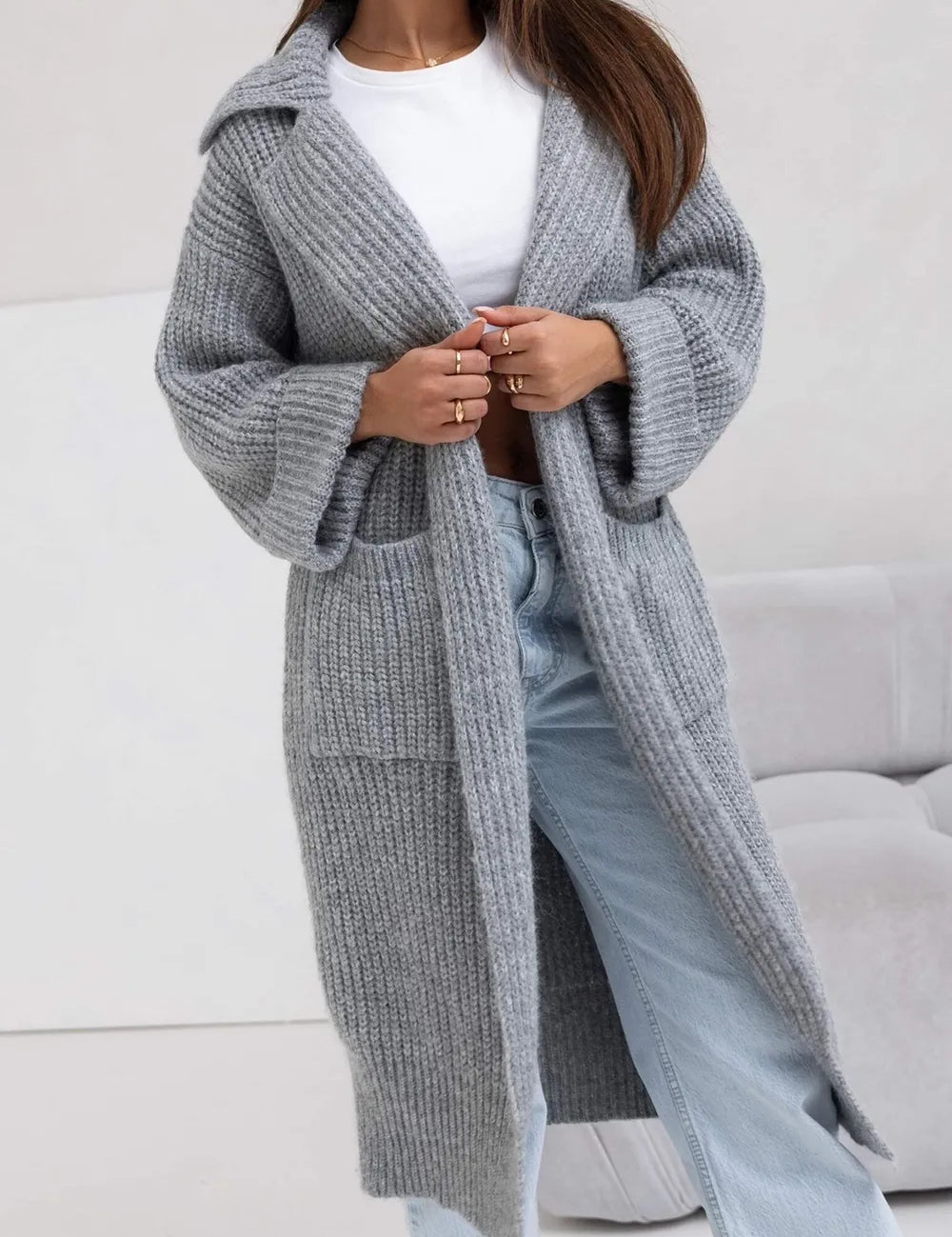 Gray One Size Pocketed Collared Neck Dropped Shoulder Cardigan | Cardigans Daverri Fashions