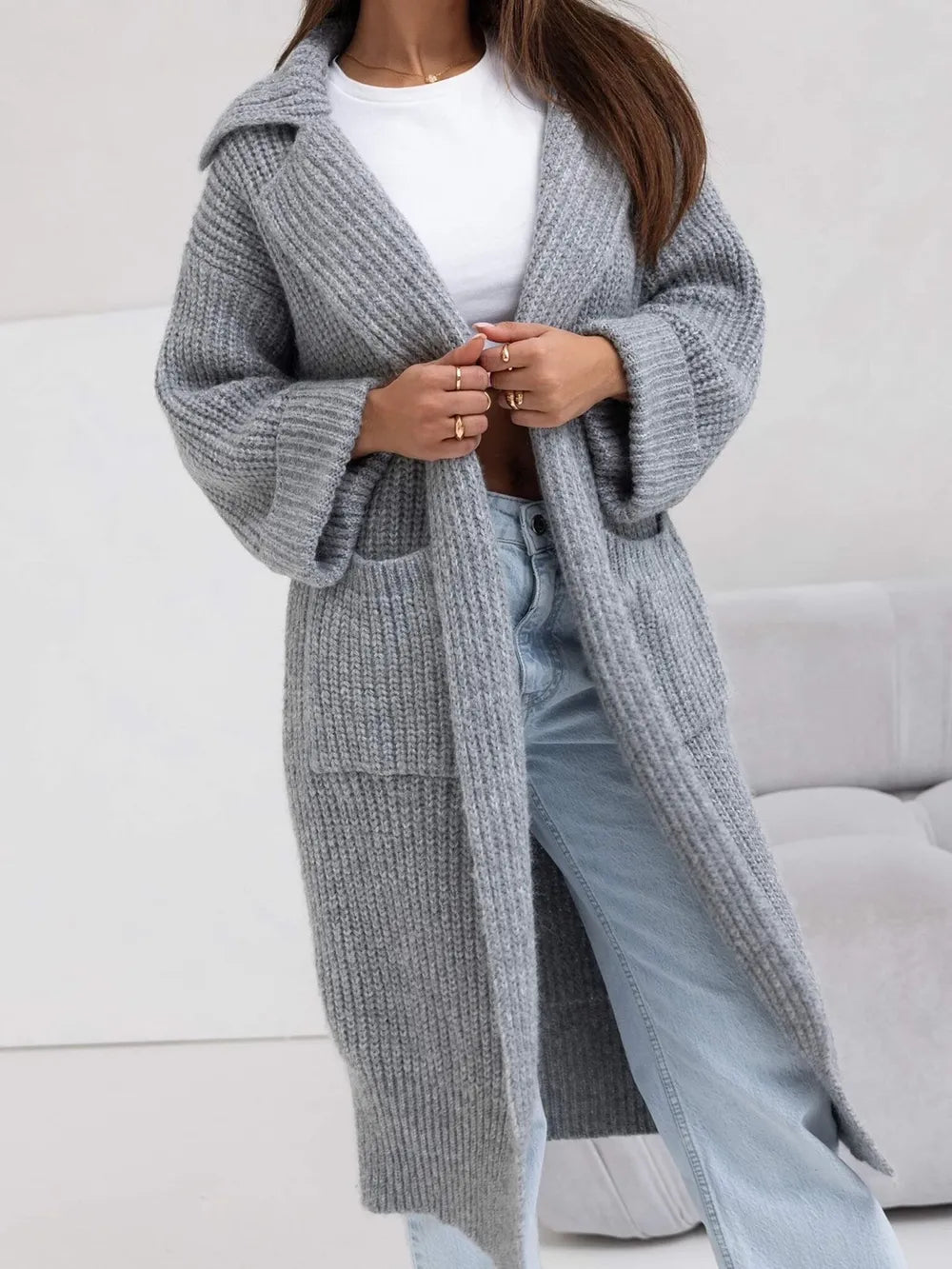 Gray One Size Pocketed Collared Neck Dropped Shoulder Cardigan | Cardigans Daverri Fashions