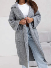 Gray One Size Pocketed Collared Neck Dropped Shoulder Cardigan | Cardigans Daverri Fashions