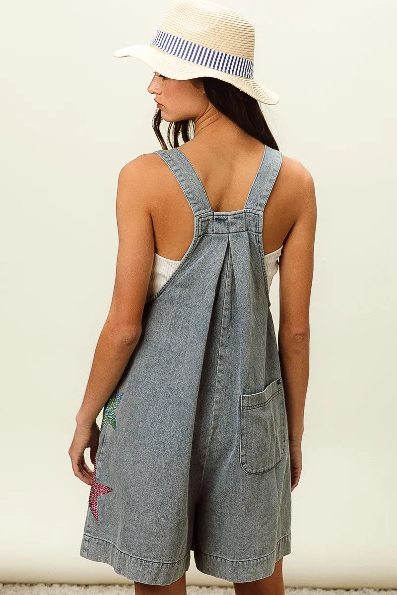 BiBi Star Rhinestone Washed Wide Leg Shortalls Shortalls