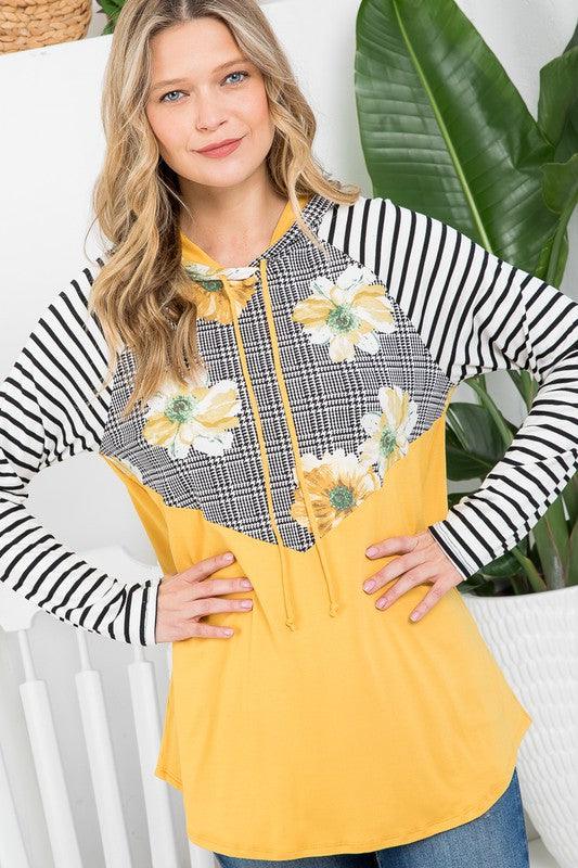 FLORAL STRIPE MIXED SWEATSHIRTS Mustard