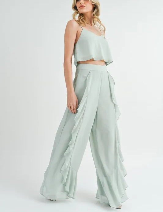 MABLE Crop Cami and Ruffled Wide Leg Pants Set | Outfit Sets Daverri Fashions