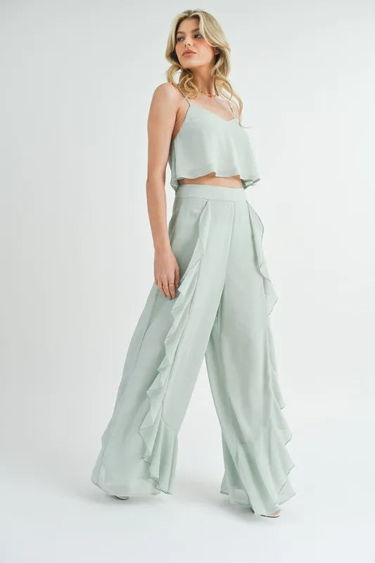 MABLE Crop Cami and Ruffled Wide Leg Pants Set Outfit Sets