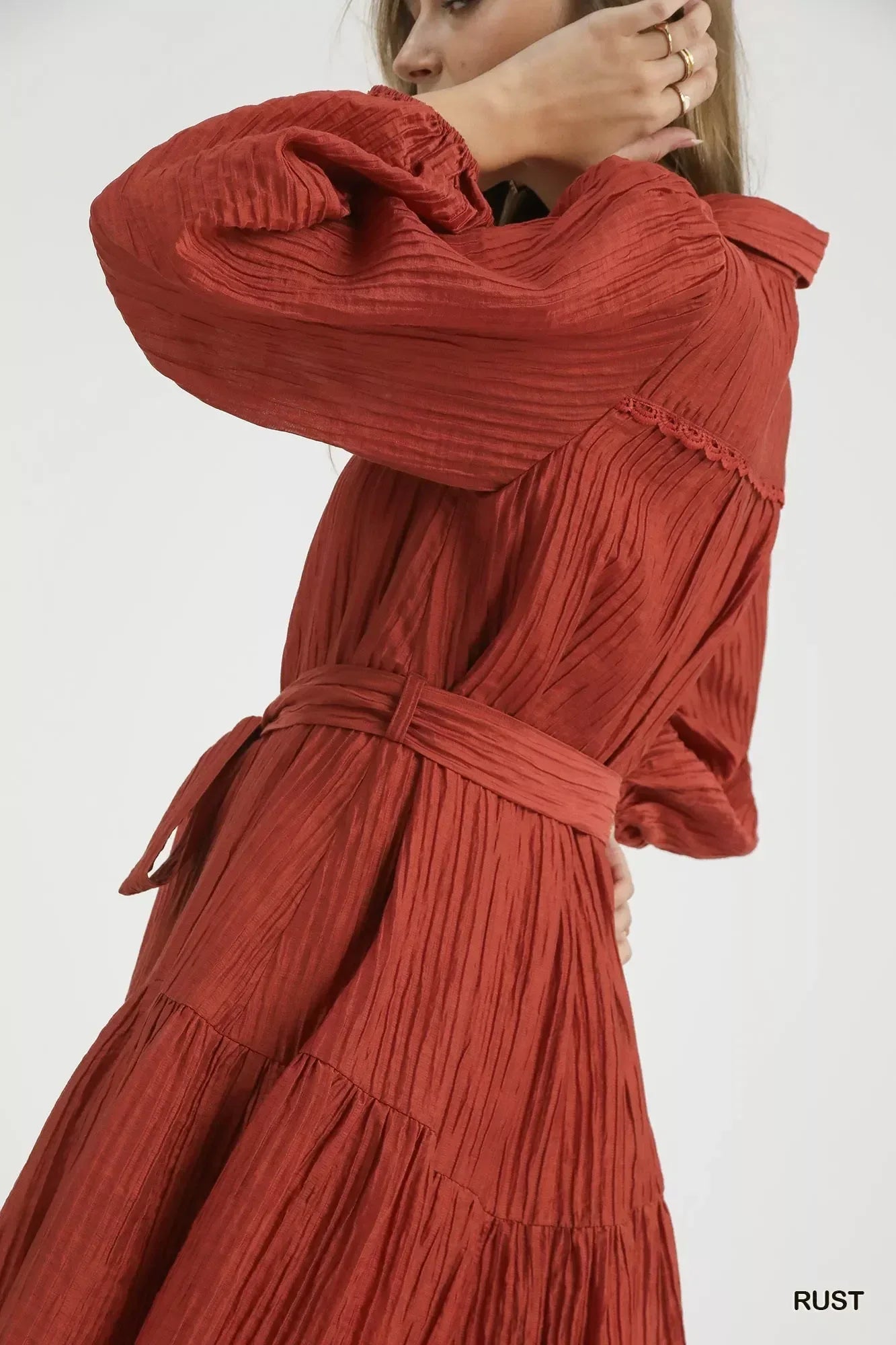 Umgee Crinkle Button-Front Tiered Mini Dress with Waist Tie - DAVERRI FASHIONS