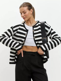 Daverri Fashions black and white striped knit cardigan with silver buttons