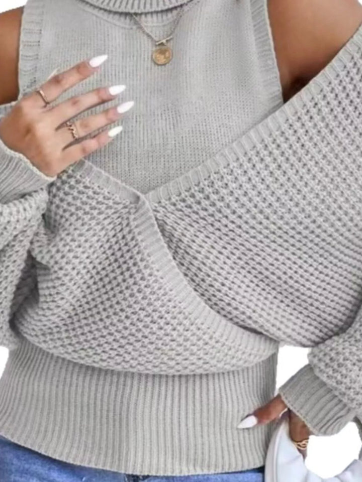 Waffle Knit Cold Shoulder Turtleneck Sweater | Sweaters Daverri Fashions