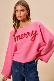 SO ME Merry Tinsel Lettering Christmas Sweater Top Pink | Sweaters Daverri Fashions