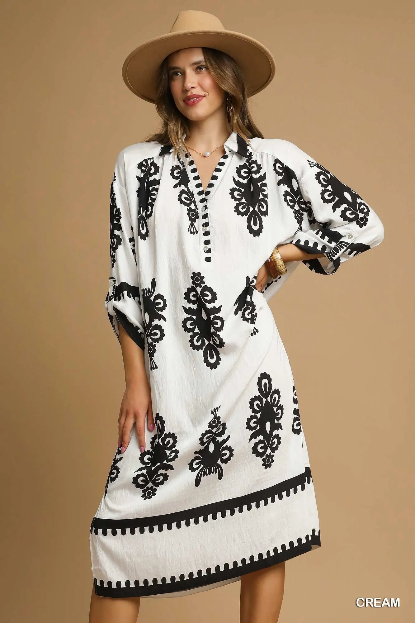Umgee Abstract Print Midi Dress Cream Midi Dresses