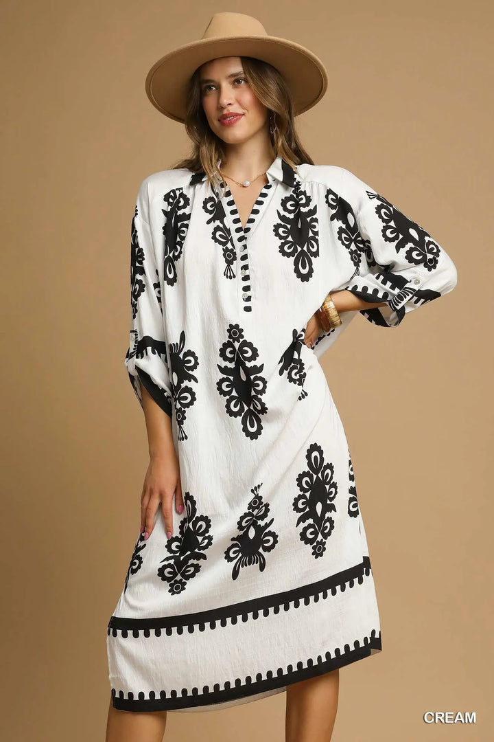 Umgee Abstract Print Midi Dress Cream Midi Dresses