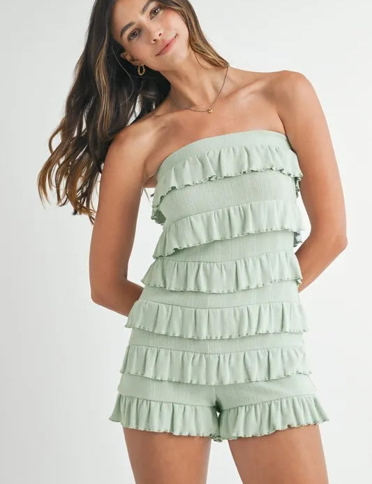 Lt Sage MABLE Pointelle Knit Fabric Ruffled Tube Romper | Rompers Daverri Fashions