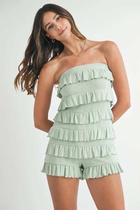 MABLE Pointelle Knit Fabric Ruffled Tube Romper Lt Sage Rompers