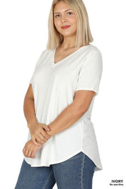 Plus Short Sleeve V-Neck Round Hem Top IVORY Plus