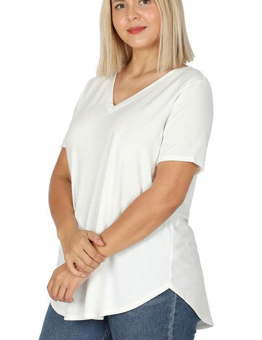 Plus Short Sleeve V-Neck Round Hem Top IVORY Plus