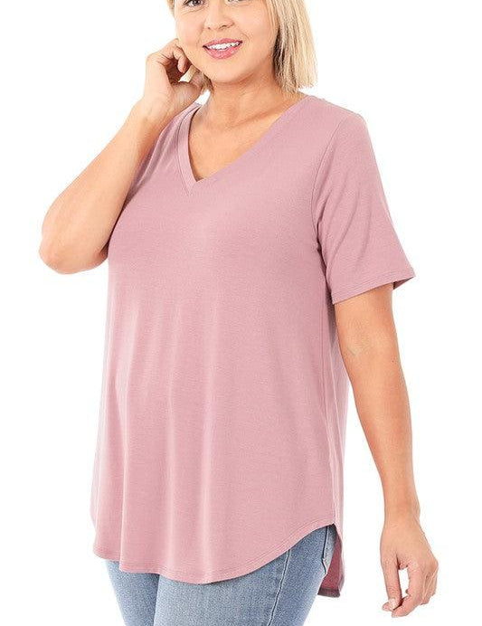 Plus Short Sleeve V-Neck Round Hem Top Plus