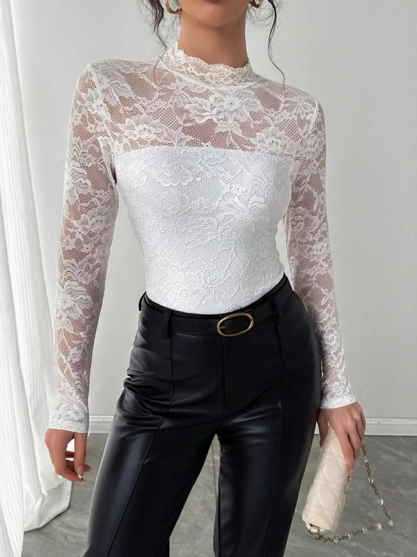 Mock Neck Long Sleeve Lace Top | Tops Daverri Fashions