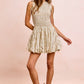 BiBi floral bow tie attachable puff sleeves cream mini dress on woman