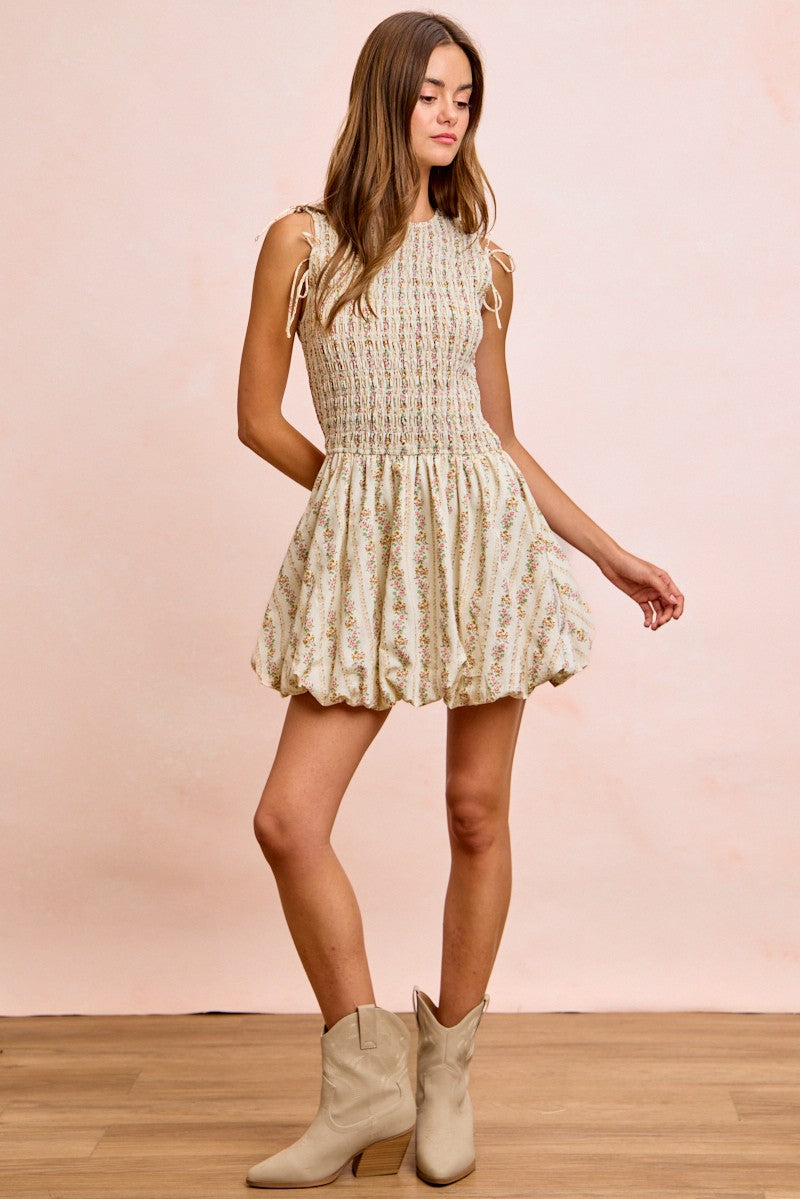 BiBi floral bow tie attachable puff sleeves cream mini dress on woman