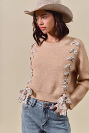 SO ME Checkered Plaid Tape Lace Up Ribbed Sweater | Daverri Fashions