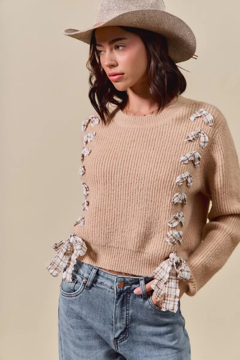 SO ME Checkered Plaid Tape Lace Up Ribbed Sweater | Daverri Fashions