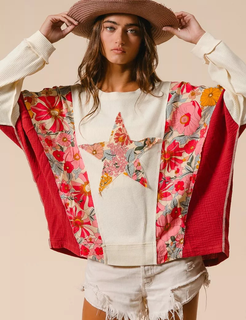 BiBi floral print mixed star patch red white kimono sweater
