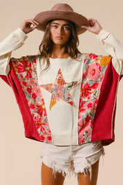 BiBi floral print mixed star patch red white kimono sweater