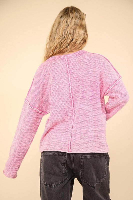 VERY J Mineral Washed Exposed Seam Sweater Pink - DAVERRI FASHIONS