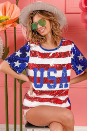 BiBi American Flag Theme USA Lettering Sequin Top | Tops Daverri Fashions