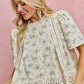 Cream SO ME floral lace trim blouse with blue embroidery