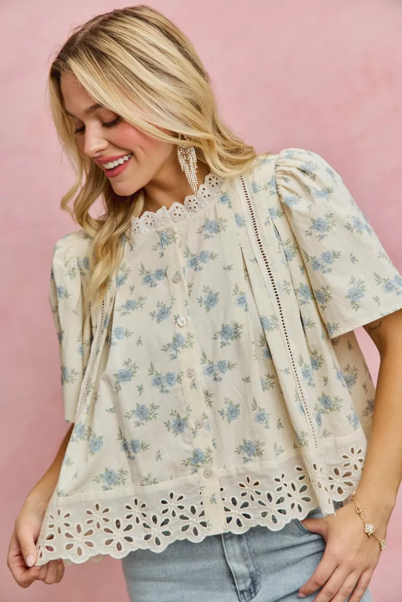 Cream SO ME floral lace trim blouse with blue embroidery