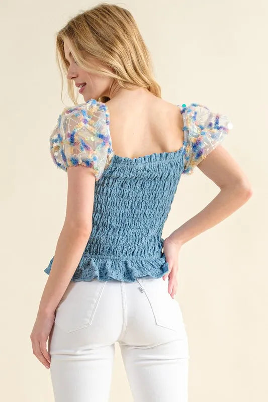 And The Why Embellishment Sleeve Smocked Top | Tops Daverri Fashions