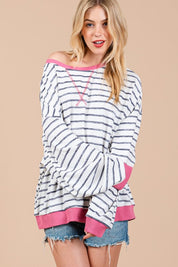 Ces Femme Striped Round Neck Drop Shoulder Sweatshirt