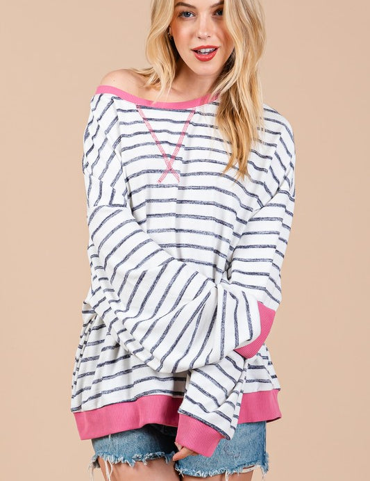 Ces Femme Striped Round Neck Drop Shoulder Sweatshirt