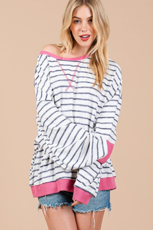 Ces Femme Striped Round Neck Drop Shoulder Sweatshirt Sweatshirts