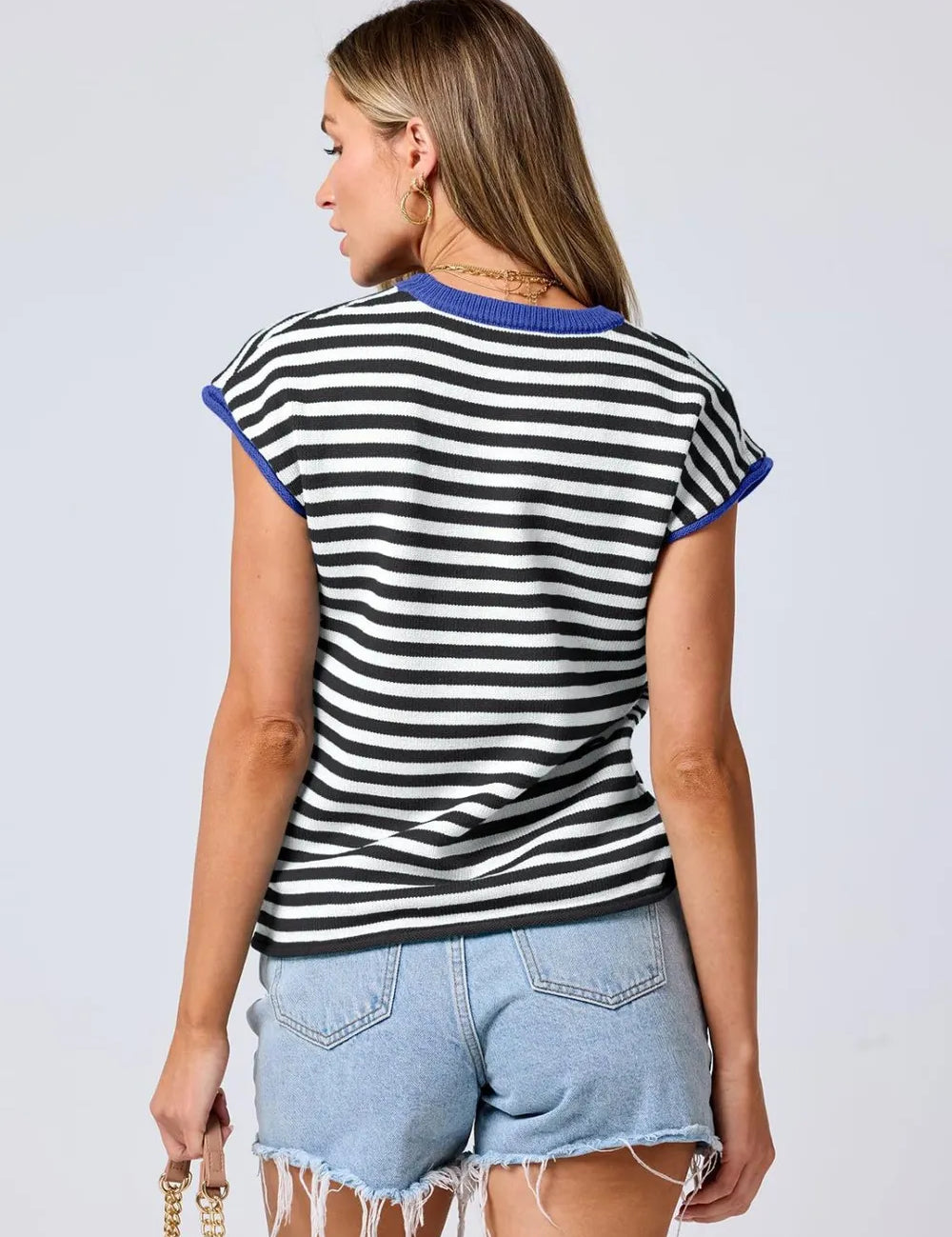 Contrast Round Neck Cap Sleeve Sweater | Sweaters Daverri Fashions