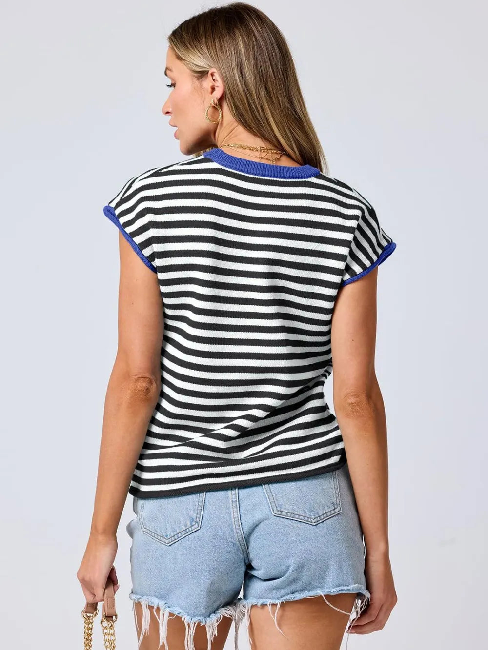 Contrast Round Neck Cap Sleeve Sweater | Sweaters Daverri Fashions