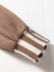 Waffle Texture Striped Patchwork Button Neck Drawstring Hoodie | Hoodies Daverri Fashions