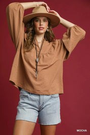 MOCHA Umgee Textured Notched Blouse with Balloon Sleeves Mocha | Blouses Daverri Fashions