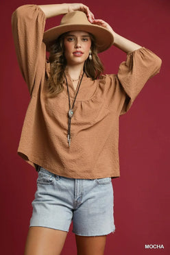Umgee Textured Notched Blouse with Balloon Sleeves Mocha - DAVERRI FASHIONS
