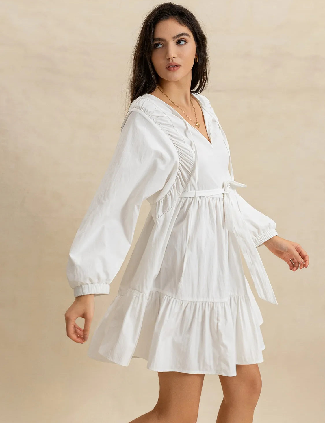 Tiered Tie Neck Long Sleeve Mini Dress | Daverri Fashions