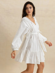 Tiered Tie Neck Long Sleeve Mini Dress | Daverri Fashions