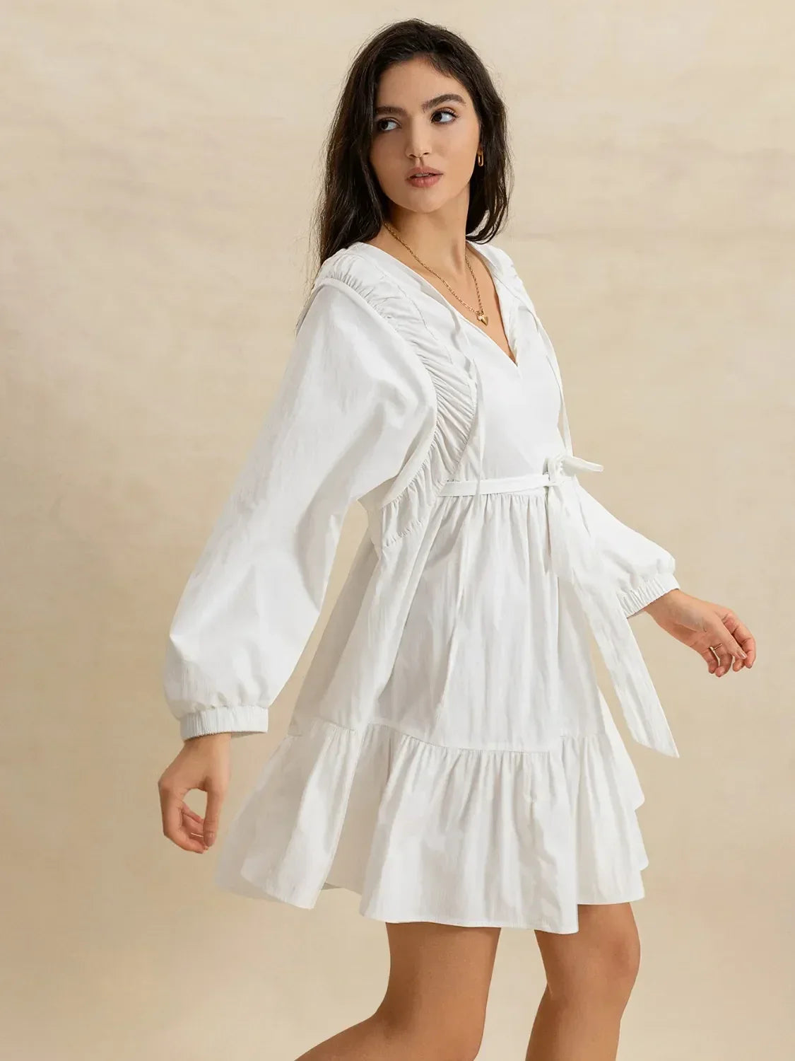 Tiered Tie Neck Long Sleeve Mini Dress - DAVERRI FASHIONS